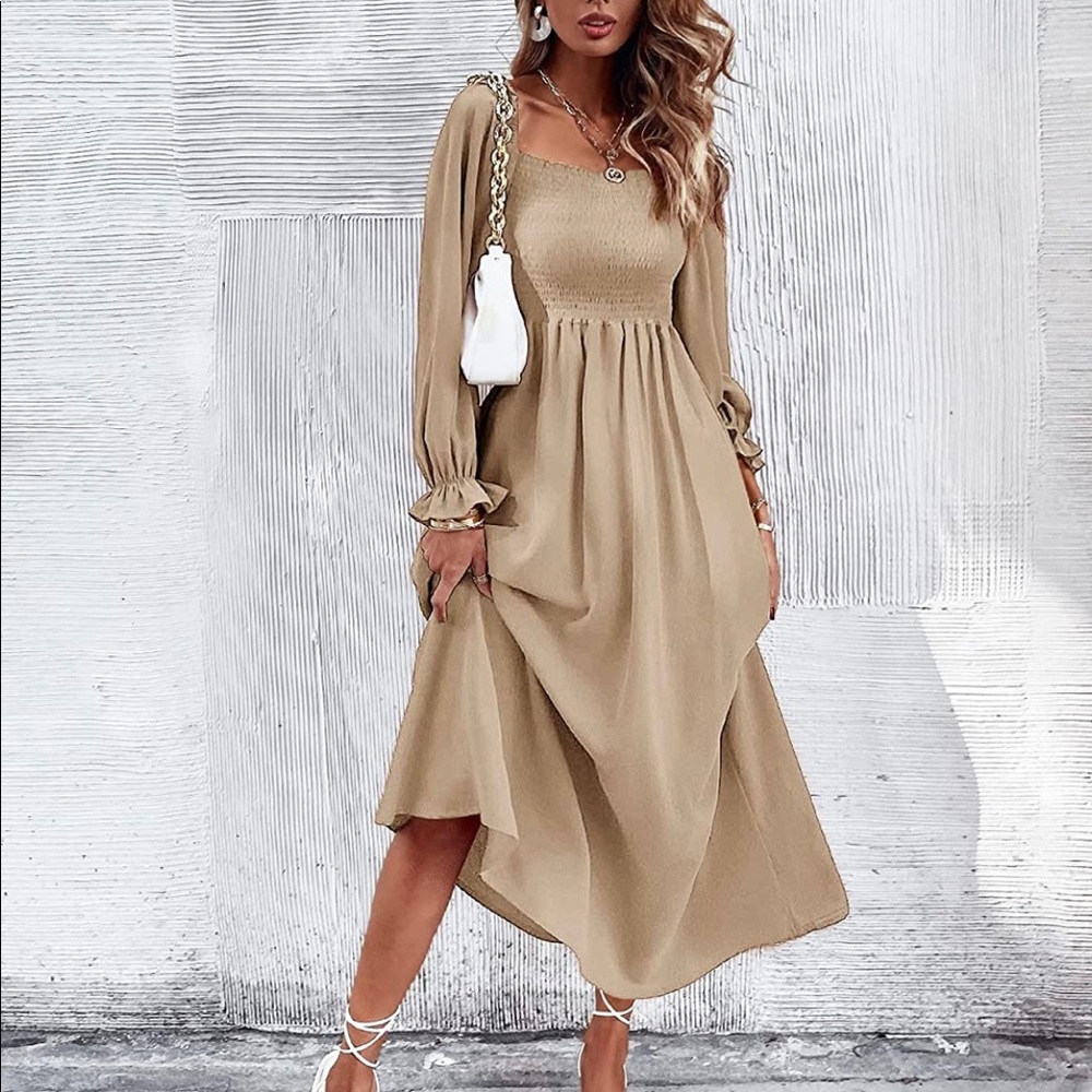 Boho Square Neck Flounce Sleeve A Line Long Dress